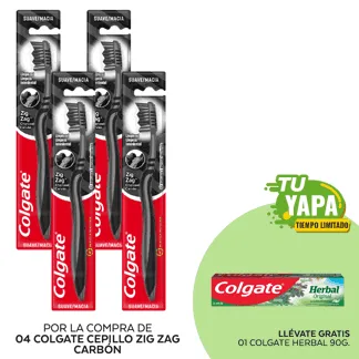 Colgate Cepillo Dental Zig Zag Carbón. (04 unidades) - GRATIS: 01 Colgate Herbal 90g.