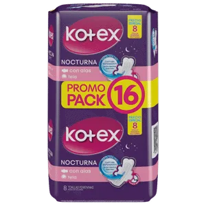 Toalla Femenina Nocturna Kotex Tela con Alas PromoPack x16toallas