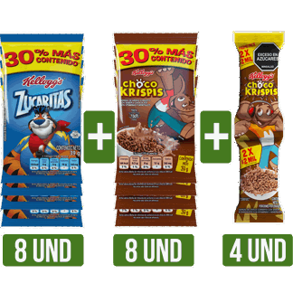 1Dp Cereal Kellogg Paketicos (Zuca+Choco)x8Un x39gr + 1Dp Oferta Choco Krispis x4Un x60gr