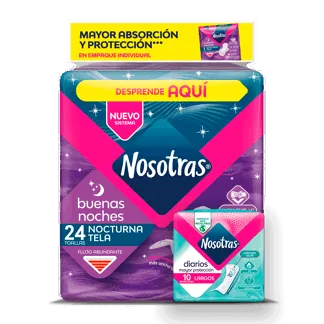 Toalla Higienica Nosotras Buenas Noches Tela x24 Toallas + 10 Diarios Largos