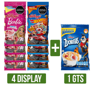 4 Display Cereal (Barbie/Hot Wheels)x25gr Gts Cereal Zucaritas x115gr