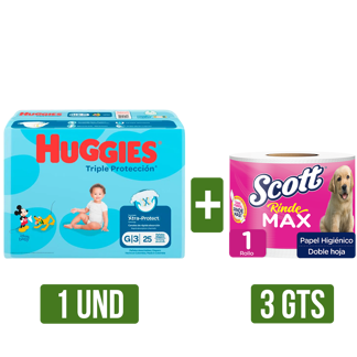 Pañal Huggies Etapa 3 x25 Pañales Gts 3Un Papel Higiénico Scott Rindemax x1 Rollo