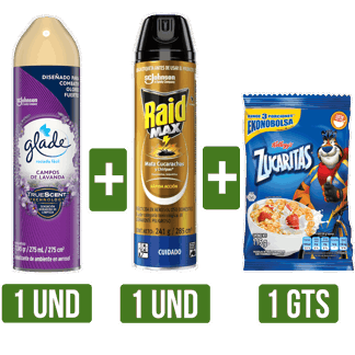 Glade Aerosol x275ml + Raid Max Aerosol x285ml Gts Zucaritas Megapaketicos x115gr