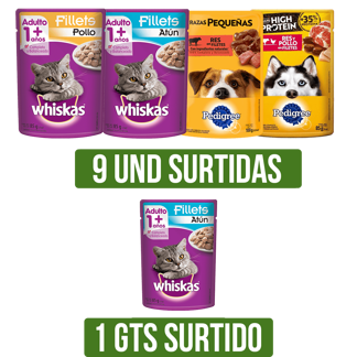 9Un AlimentoHumedoSurtido(Whiskasx85gr/Pedigreex100gr) Gts Alimento Humedo Surtido UNI