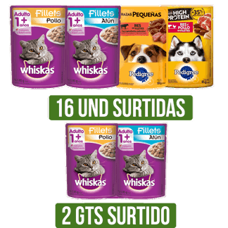 16Un AlimentoHumedoSurtido(Whiskasx85gr/Pedigreex100gr)Gts 2Un AlimentoHumedoSurtido UNI