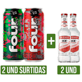 2Un FourLoko Surtido(Sandia/Ponche/Gold/Purple/Blue/Green)x473ml +2Un Vodka Smirnoff x275ml