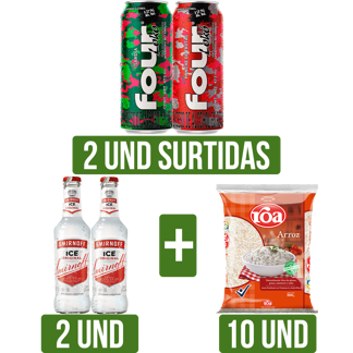 2Un FourLkSurtid(Sand/Pon/Gold/Purp/Blu/Gree)x473ml + 2Un VodkaSmirnoff x275ml + 10Un ArrozRoa x500g