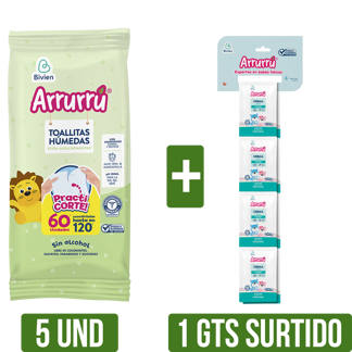 5Un Toallitas Arrurru Extra Acolcho Gts Shampoo o Crema Arrurru x8Un x25ml