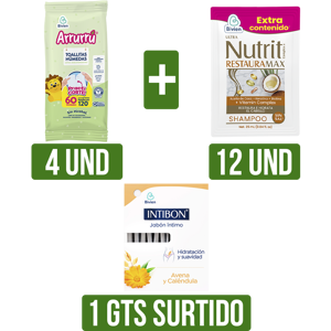 4Un Toallitas Arrurrú Extra Acolcho + 1Un Shampoo Nutrit x12Un x25ml Gts Jabón Intibon x12Unx25ml