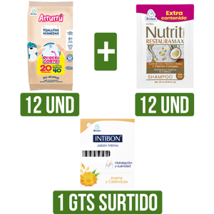 12Un ToallitasArrurrú Avena&Karite + Shampoo Nutritx12Un x25ml Gts Jabón Intibon x12Un x25ml