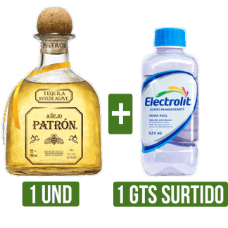 Tequila Patrón Añejo x700ml Gts 1Un Elctrolit (Uva/Maracuya/MoraAzul/FresaKiwi) x625ml