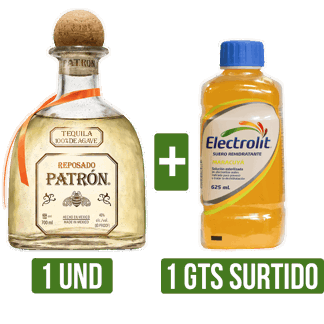 Tequila Patrón Reposado x700ml Gts 1Un Elctrolit (Uva/Maracuya/MoraAzul/FresaKiwi) x625ml