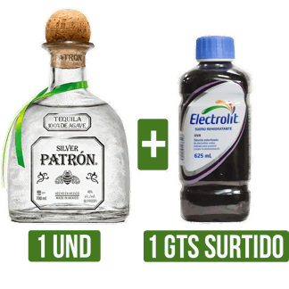 Tequila Patrón Silver x700ml Gts 1Un Elctrolit (Uva/Maracuya/MoraAzul/FresaKiwi) x625ml