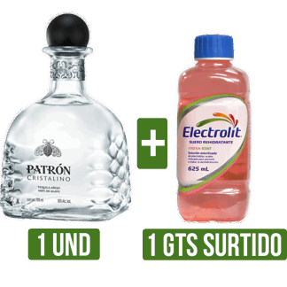 Tequila Patrón Cristalino x700ml Gts 1UnElctrolit (Uva/Maracuya/MoraAzul/FresaKiwi)x625ml