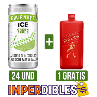 24Un Vodka Smirnoff Ice Green Apple x250ml Gts Whisky Johnnie Walker Red Label x200ml