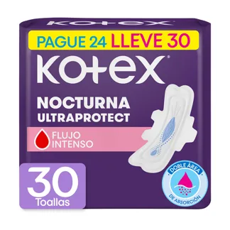 Oferta (Toalla Higiénica Kotex Nocturna Tela Pague 24 Lleve 30 Toallas)