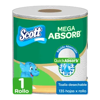 Toalla De Cocina Desechable Scott Mega Absorb x1 Rollo x135 Hojas