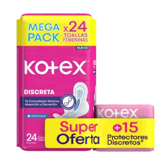 Oferta (Toalla Higiénica Kotex Discreta Ultrafina x24Und + Protectores Diarios x15Und Mega Pack)