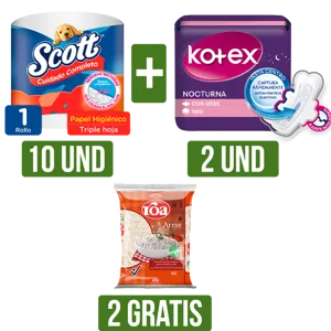 10 Und Papel Higiénico Scott + 2 Und Toalla Kotex Gts 2 Und Arroz Roa x500gr