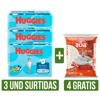 3 Und Pañal Huggies x25 Gts 4 Und Arroz Roa x500gr