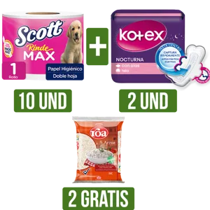 10 Und Papel Higienico Scott + 2 Und Toalla Kotex x8 Gts 2 Und Arroz Roa x500gr