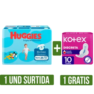Pañal Huggies Triple Protección(Etapa 4/Etapa 3)x25 Gts Toalla Higiénica Kotex x10