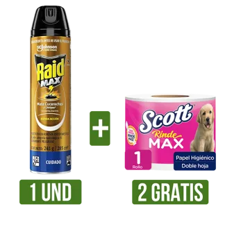 Insecticida Raid Max Aerosol x285ml Gts 2 Und Papel Higiénico Scott Rindemax