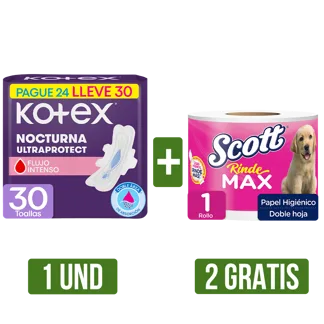 OF (Toalla Hig Kotex Noctuc Tela Pague 24 Lleve 30) Gts 2Un Papel Higiénico Scott Rindemax x1