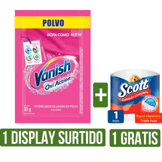 Display Desmanchador Vanish Polvo Surtido x30gr Gts Papel Higiénico Scot Triple Hoja x254mts