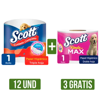 12Und Papel Hig Scott Cuidado Completo TH x1 x254mts Gts 3Und Papel Hig Scott Rindemax x1