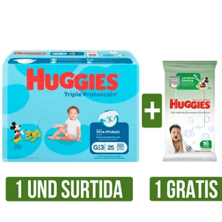1Und Pañal Huggies Triple Prot (Etapa3/Etapa4)x25 Gts Toallita Húmeda Huggies Limpiez Efec x16
