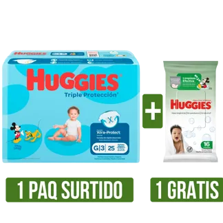 Pañal Huggies Triple Prot (Etapa3/Etapa4)x25 Gts Toallita Húmeda Huggies Limpiez Efec x16