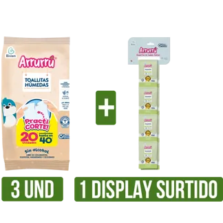 3 Und Toalli Húmedas Arrurrú Avena x20 + 1 Display Arrurru Surtido (Shampoo/Crema) x25ml UNI