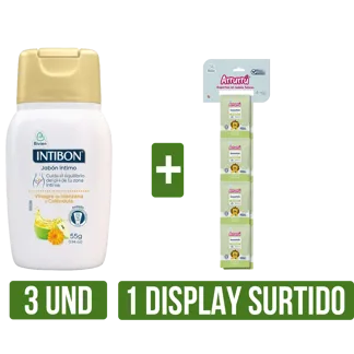 3 Und Jabón Inti Vinagre y Calén x55gr + 1Display Arrurru Surtido (Shampoo/Crema) x25ml UNI