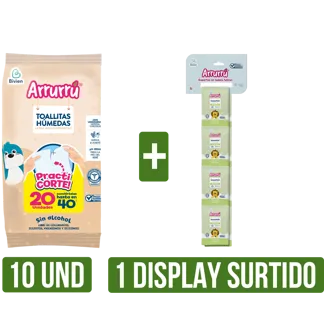 10 Und Toall Húmedas Arrurrú Avena x20 + 1Display Arrurru Surtido (Shampoo/Crema) x25ml UNI