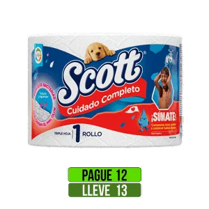 Pague 12 Lleve 13Un Papel Higiénico Scott Cuidado Completo Triple Hoja x254mts