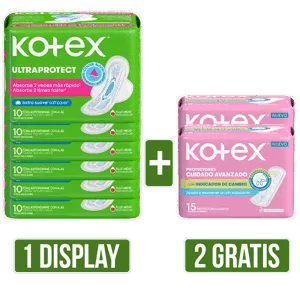 1Display Toalla Hig Kotex Normal x8Un x10 Gts 2Und Protector Diario Kotex con Indicador PH x15