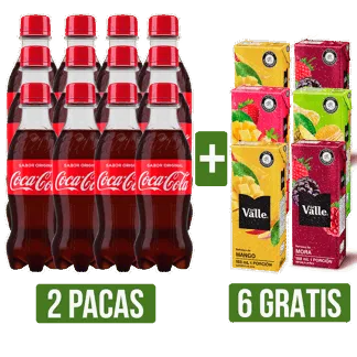 2Pacas de Gaseosa Coca-Cola Botella Pet x12Un x250ml Gts 6Und Jugo Surtido Frutal Del Valle x188ml