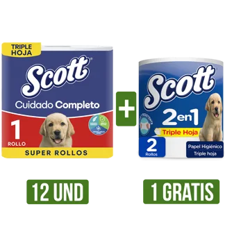 12Und Papel Higiénico Scott Cuidado Completo TH x1 Gts Papel Higiénico Scott 2En1 Jumbo TH x2