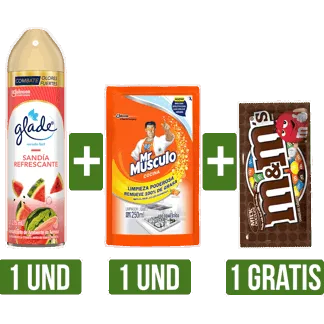 Ambientador Glade Aerosol Sandia x275ml + Mr Musculo DoyPack x250ml Gts Chocolate M&M'S x47.9gr
