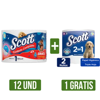 12Und Papel Higiénico Scott Cuidado Completo TH x1 Gts Papel Higiénico Scott 2En1 Jumbo TH x2
