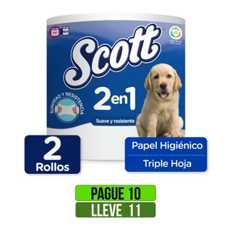 Pague 10 Lleve 11Un Papel Higiénico Scott 2 En 1 Jumbo Triple Hoja x2 Rollos