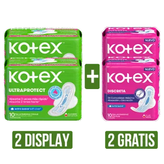 2Display Toalla Higiénica Kotex Normal x8Un x10 Gts 2Und Toalla Higiénica Kotex Discreta x10