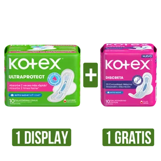 1Display Toalla Higiénica Kotex Normal x8Un x10 Gts 1Und Toalla Higiénica Kotex Discreta x10