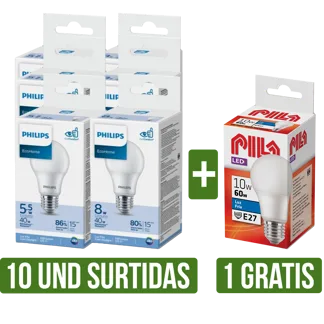 10 Und Bombillos Led Philips E27 Luz Clara (8W/5.5W) Gts 1Un Bombillo Led Pila 10W Luz Blanca