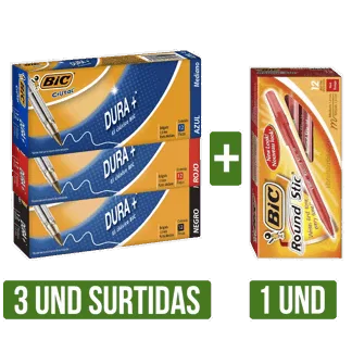 3Und Boligrafo BIC Cristal Dura Surtidox12 + Boligrafo Bic Bic Round Stick Surtido x12