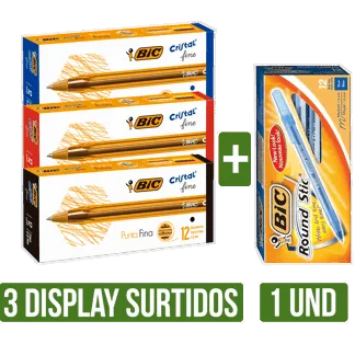 3Display Boligrafo BIC Cristal Fina Surtido x12 + Boligrafo Bic Round Stick Surtido