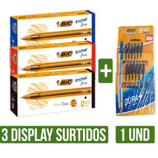 3Display Bolig BIC Cristal Fina Surtido x12 + Exhibidor BIC Cristal Dura Negro x12