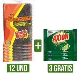 12Und Fibra Cocina Scoth Brite La Maquina Gts 3Und Lavaplatos Disco Axion Limón x130gr