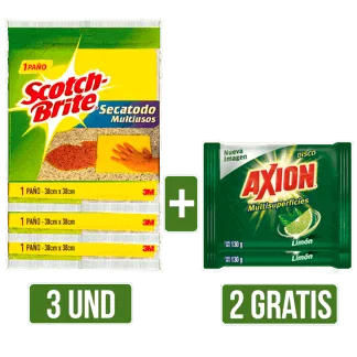 3Und Paño Secatodo Multiusos Scotch Brite x1 Paño Gts 2Und Lavaplatos Disco Axion Limón x130gr